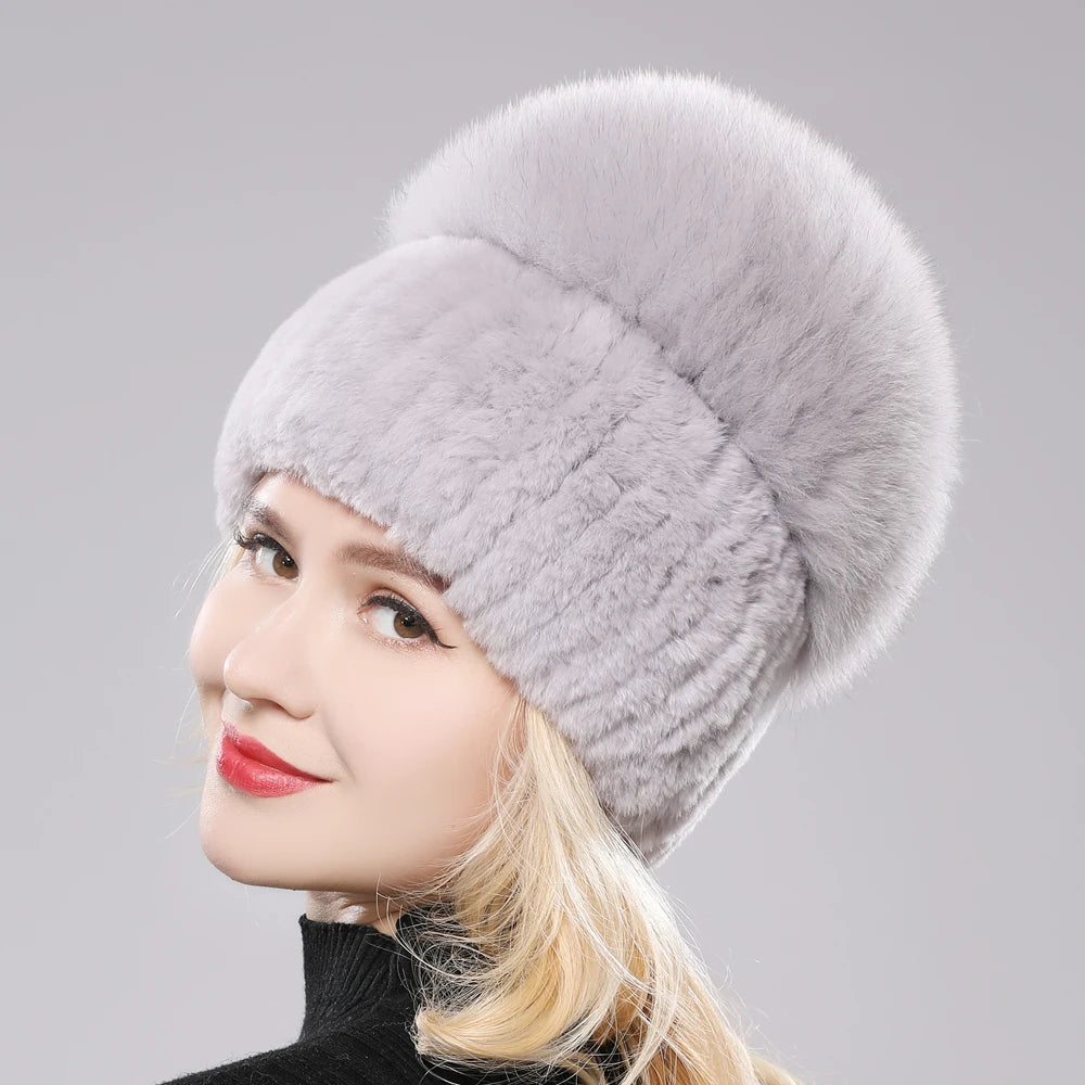 Female's Hat Good Elastic Natural Fluffy Real Fox Fur Hat New Winter Women Knitted Real Rex Rabbit Fur Hats Lady Real Fur Cap