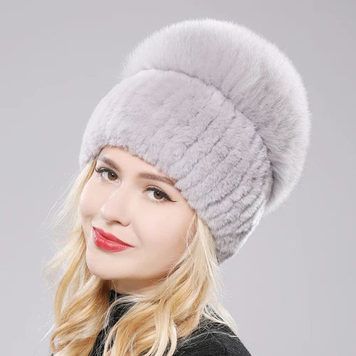 Female's Hat Good Elastic Natural Fluffy Real Fox Fur Hat New Winter Women Knitted Real Rex Rabbit Fur Hats Lady Real Fur Cap