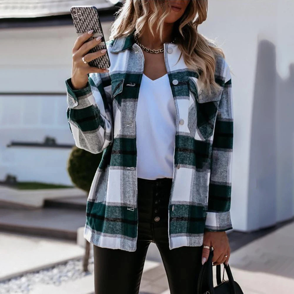 Women's Plaid Button-Up Shirt – Long Sleeve, Loose Fit, Casual Fashion