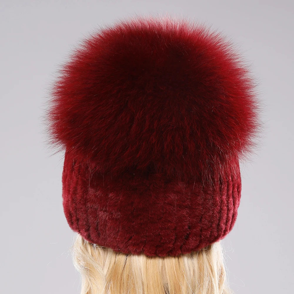 Female's Hat Good Elastic Natural Fluffy Real Fox Fur Hat New Winter Women Knitted Real Rex Rabbit Fur Hats Lady Real Fur Cap