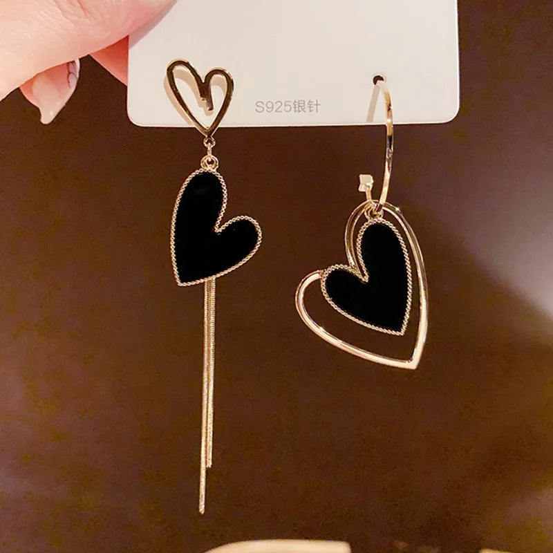 Korean Asymmetric Hollow Black Heart Dangle Earrings For Women Temperament Exaggerated Drop Earrings Party Jewelry