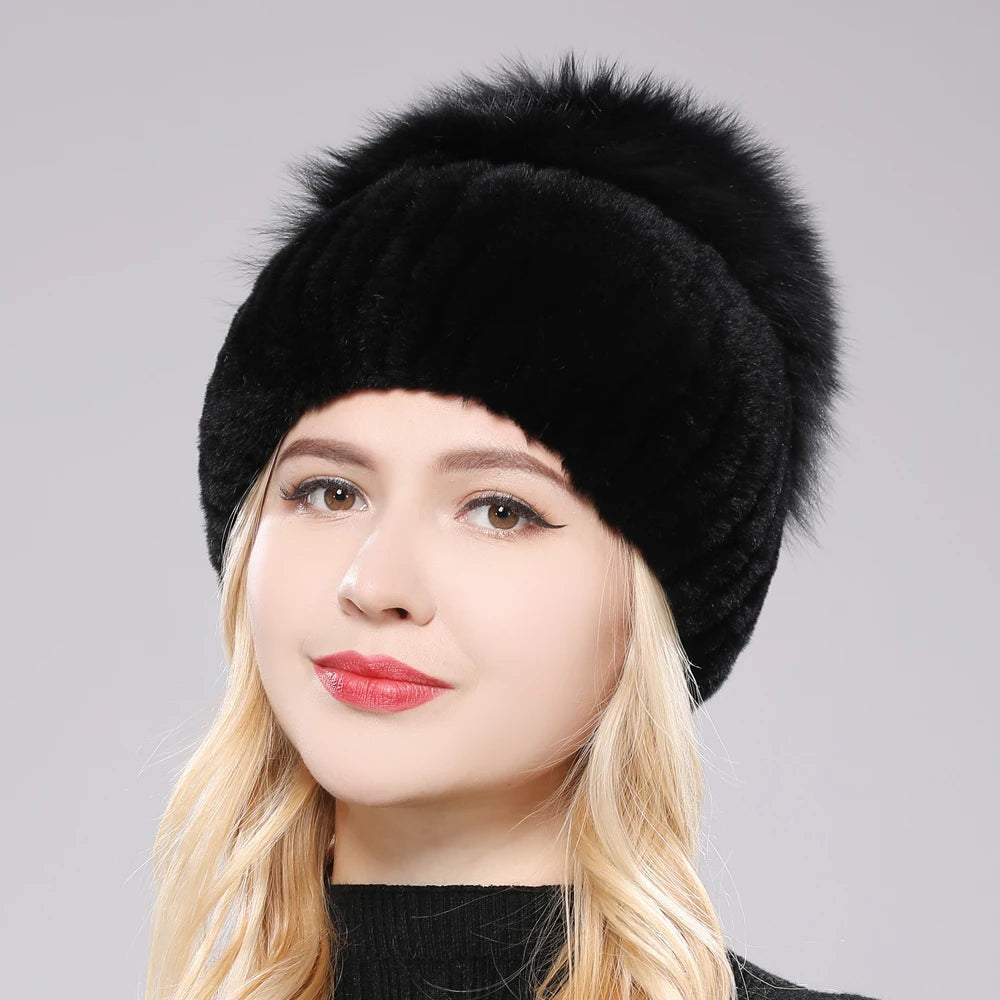 Female's Hat Good Elastic Natural Fluffy Real Fox Fur Hat New Winter Women Knitted Real Rex Rabbit Fur Hats Lady Real Fur Cap