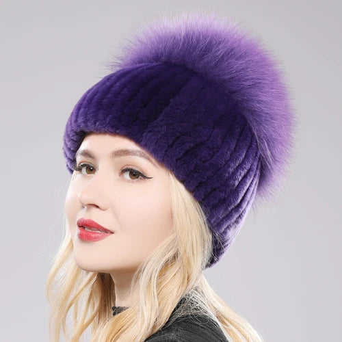 Female's Hat Good Elastic Natural Fluffy Real Fox Fur Hat New Winter Women Knitted Real Rex Rabbit Fur Hats Lady Real Fur Cap