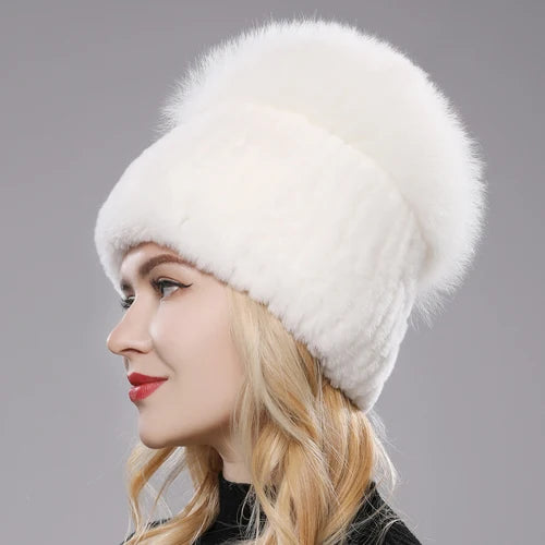 Female's Hat Good Elastic Natural Fluffy Real Fox Fur Hat New Winter Women Knitted Real Rex Rabbit Fur Hats Lady Real Fur Cap