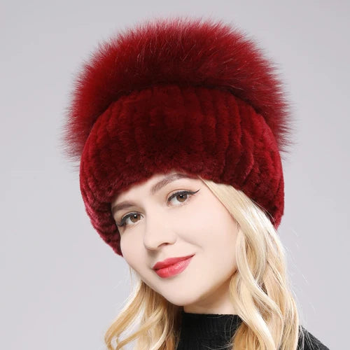 Female's Hat Good Elastic Natural Fluffy Real Fox Fur Hat New Winter Women Knitted Real Rex Rabbit Fur Hats Lady Real Fur Cap