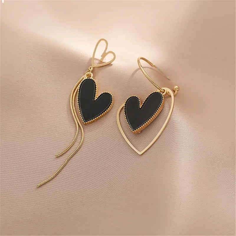 Korean Asymmetric Hollow Black Heart Dangle Earrings For Women Temperament Exaggerated Drop Earrings Party Jewelry