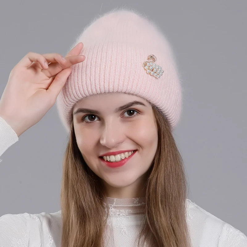 CNTANG Real Rabbit Fur Hat Winter Warm Beanies For Women Fashion Cute With Decorate Rhinestone Cap Female Casual Knitted Hats