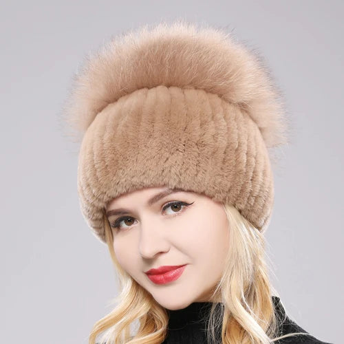 Female's Hat Good Elastic Natural Fluffy Real Fox Fur Hat New Winter Women Knitted Real Rex Rabbit Fur Hats Lady Real Fur Cap