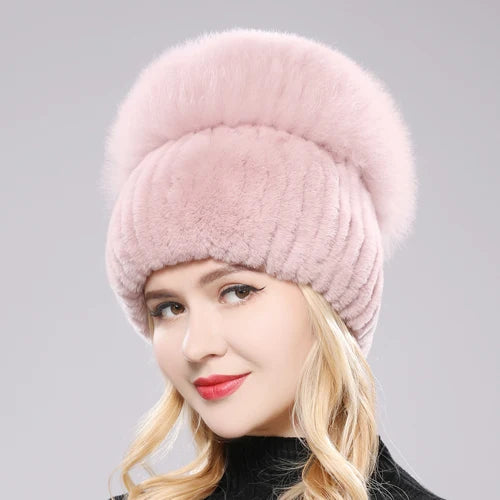 Female's Hat Good Elastic Natural Fluffy Real Fox Fur Hat New Winter Women Knitted Real Rex Rabbit Fur Hats Lady Real Fur Cap