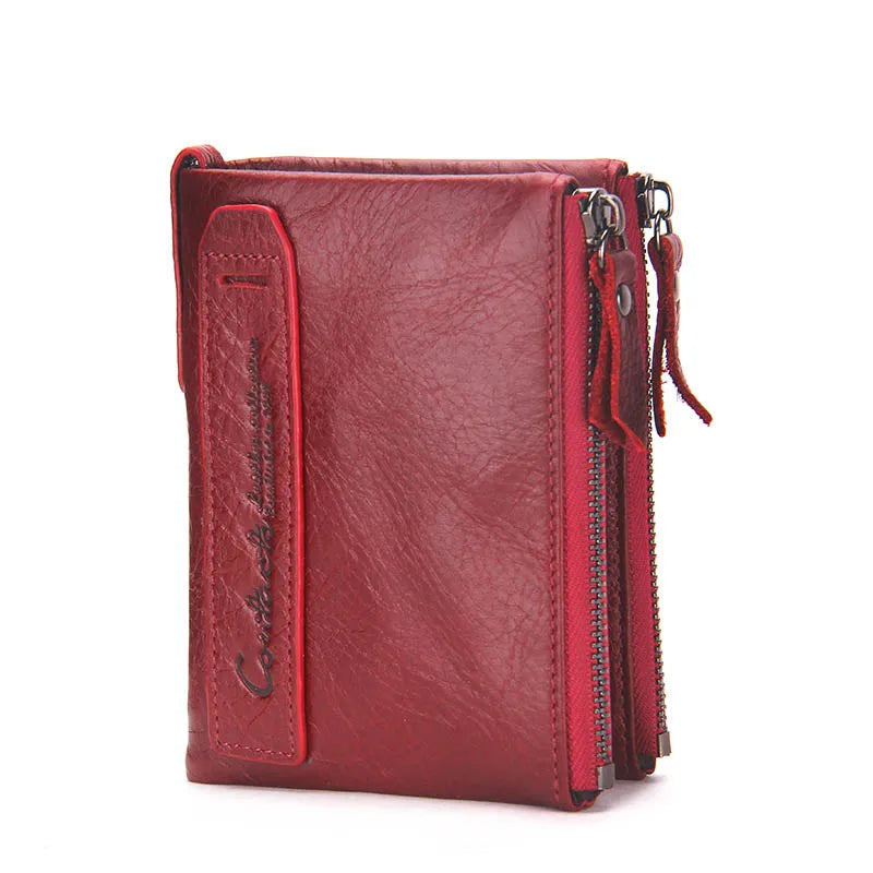 Fashion Genuine Leather Women Wallet Bi-fold Wallets Red ID Card Holder Coin Purse With Double Zipper Small Women's Purse 2022