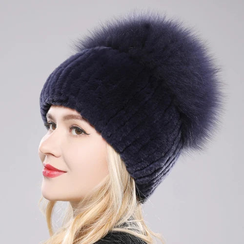 Female's Hat Good Elastic Natural Fluffy Real Fox Fur Hat New Winter Women Knitted Real Rex Rabbit Fur Hats Lady Real Fur Cap