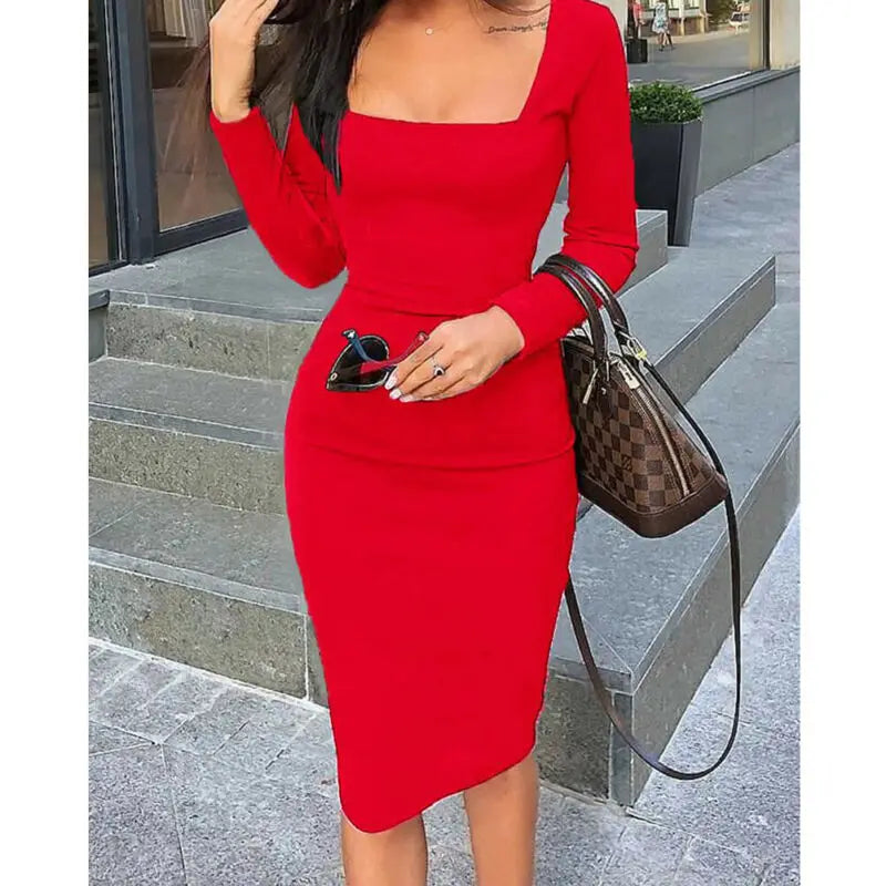 Elegant Womens Cold Shoulder Sexy Chic Red Cocktail Party Slim Fit Dresses Square Collar Long Sleeve Design Bodycon Midi Dress