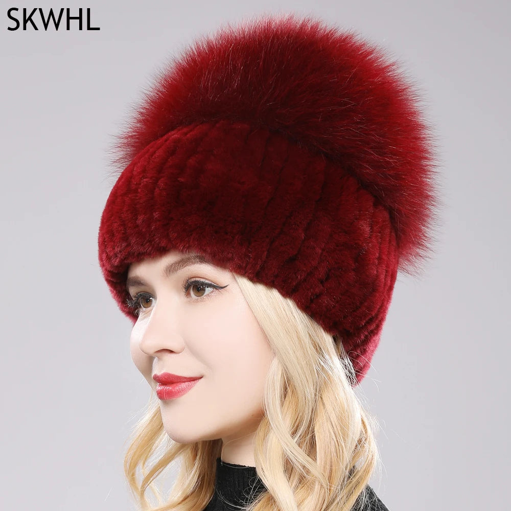 Female's Hat Good Elastic Natural Fluffy Real Fox Fur Hat New Winter Women Knitted Real Rex Rabbit Fur Hats Lady Real Fur Cap