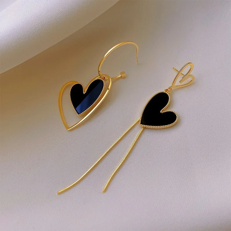 Korean Asymmetric Hollow Black Heart Dangle Earrings For Women Temperament Exaggerated Drop Earrings Party Jewelry