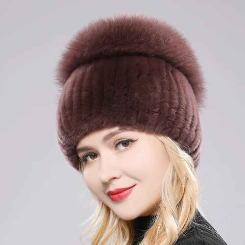 Female's Hat Good Elastic Natural Fluffy Real Fox Fur Hat New Winter Women Knitted Real Rex Rabbit Fur Hats Lady Real Fur Cap