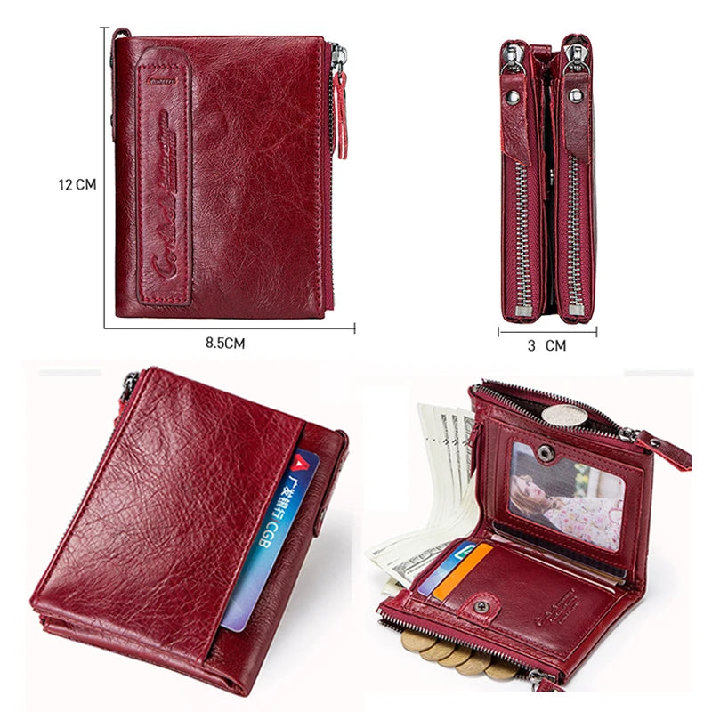 Fashion Genuine Leather Women Wallet Bi-fold Wallets Red ID Card Holder Coin Purse With Double Zipper Small Women's Purse 2022