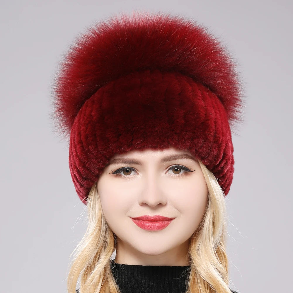 Female's Hat Good Elastic Natural Fluffy Real Fox Fur Hat New Winter Women Knitted Real Rex Rabbit Fur Hats Lady Real Fur Cap