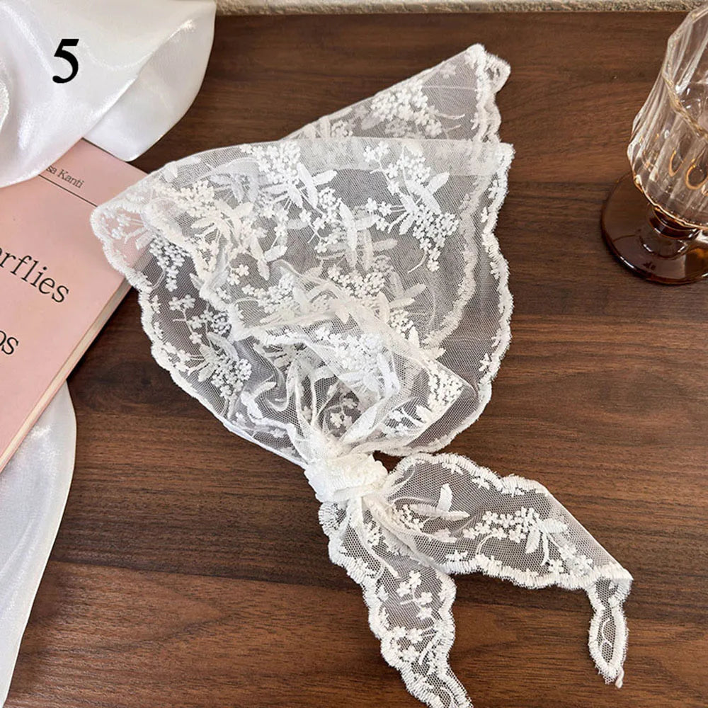 Summer White Woven Floral Lace Hair Scarf Wraps Women Retro Triangle Headscarf Hat Travel Photo Headband Hair Accessories INS