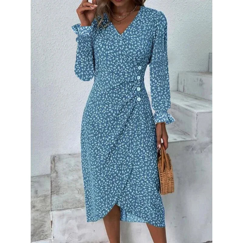 Elegant Summer Floral Midi Dress – V-Neck, Puff Sleeves, Pleated H-Shape, Ruched Waist, Button Detail.