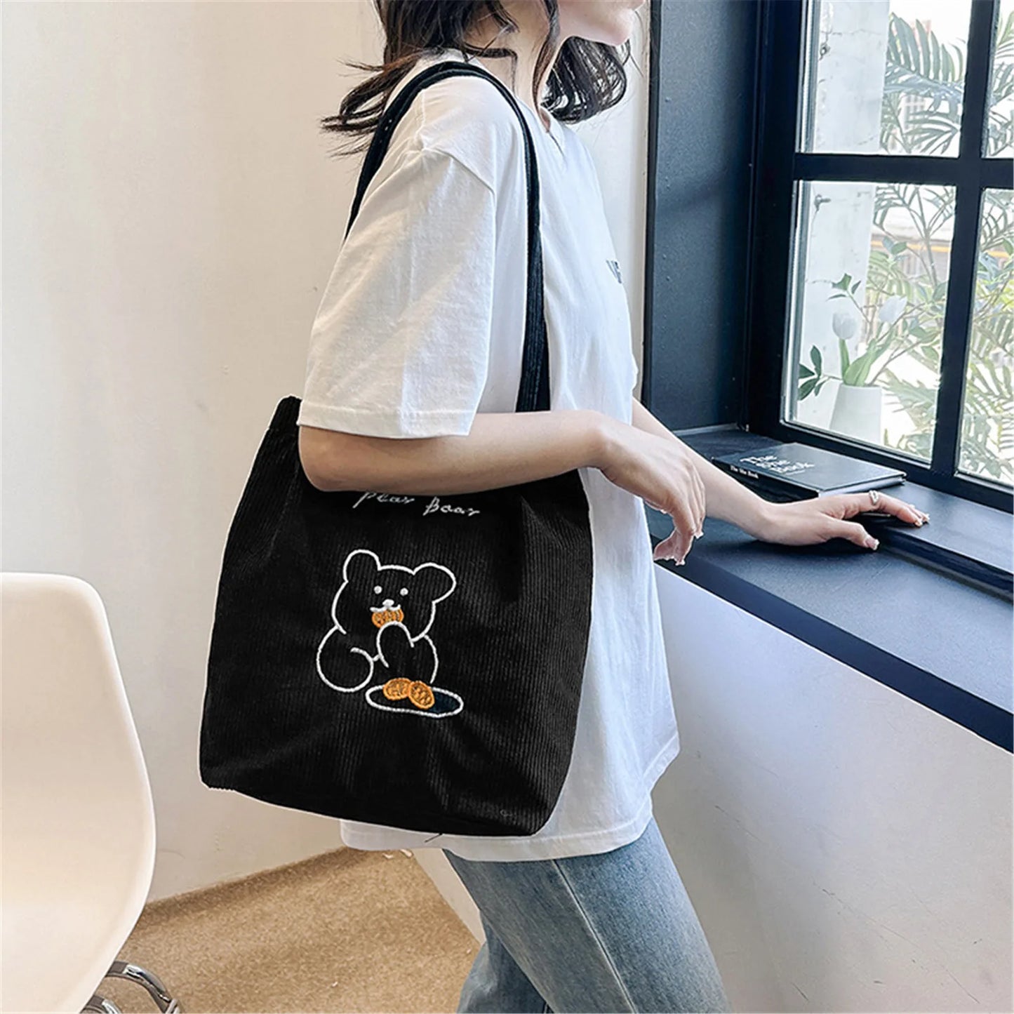 Cartoon Embroidered Bear Shoulder Bag Foldable Corduroy Handbag For Women Large Capacity Tote Bags Eco Friendly Shopping Bag