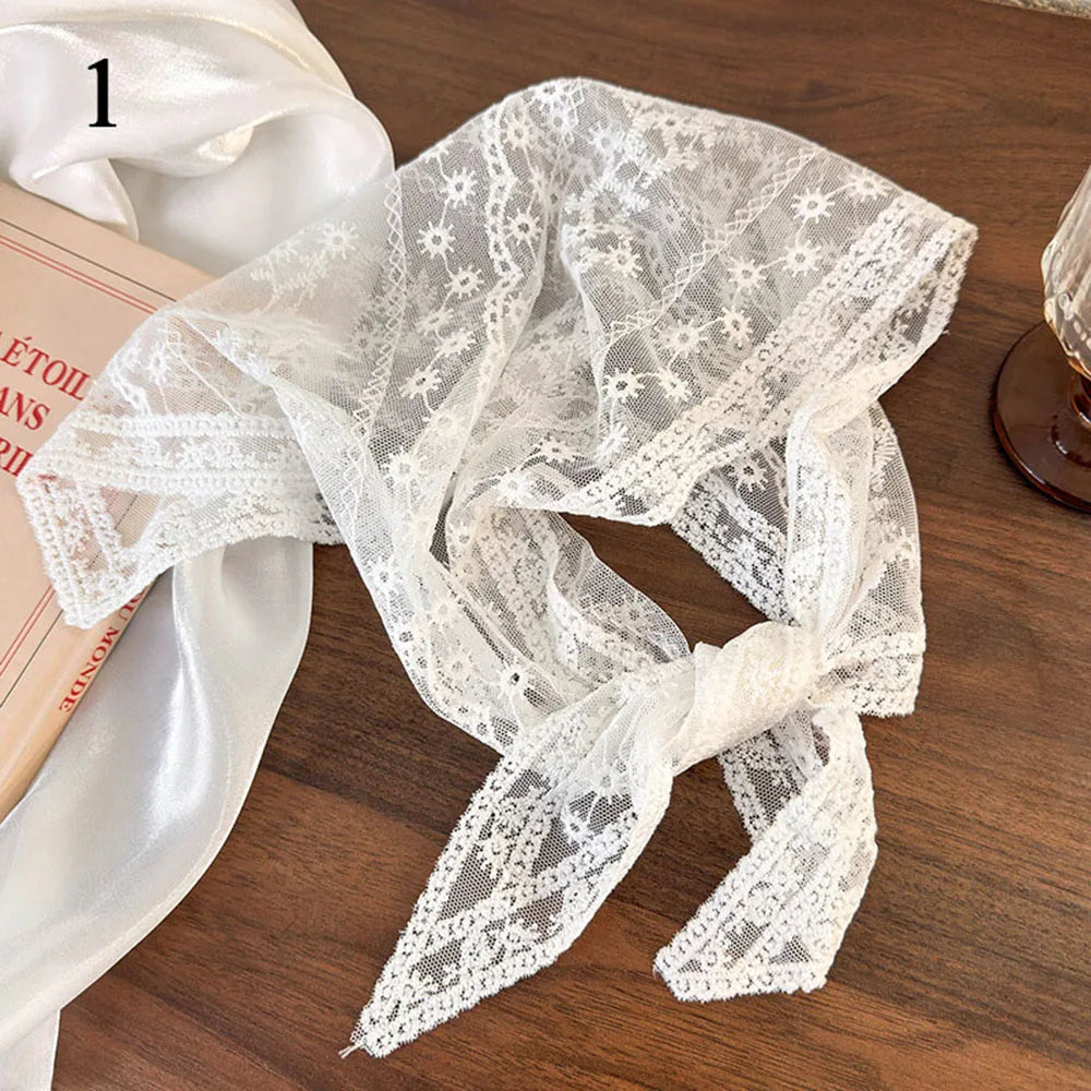 Summer White Woven Floral Lace Hair Scarf Wraps Women Retro Triangle Headscarf Hat Travel Photo Headband Hair Accessories INS