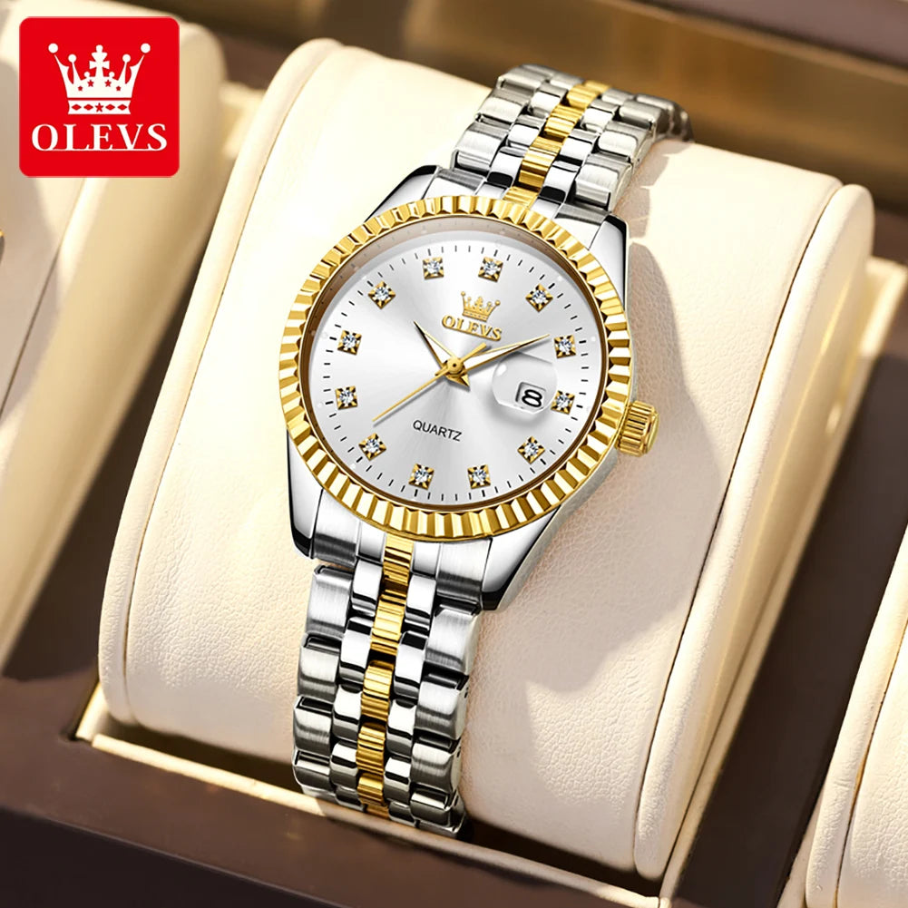 OLEVS Women's Watches Luxury Diamond Elegant Women Wristwatch Stainless Steel Waterproof Luminous Ladies Watch Jewelry Set