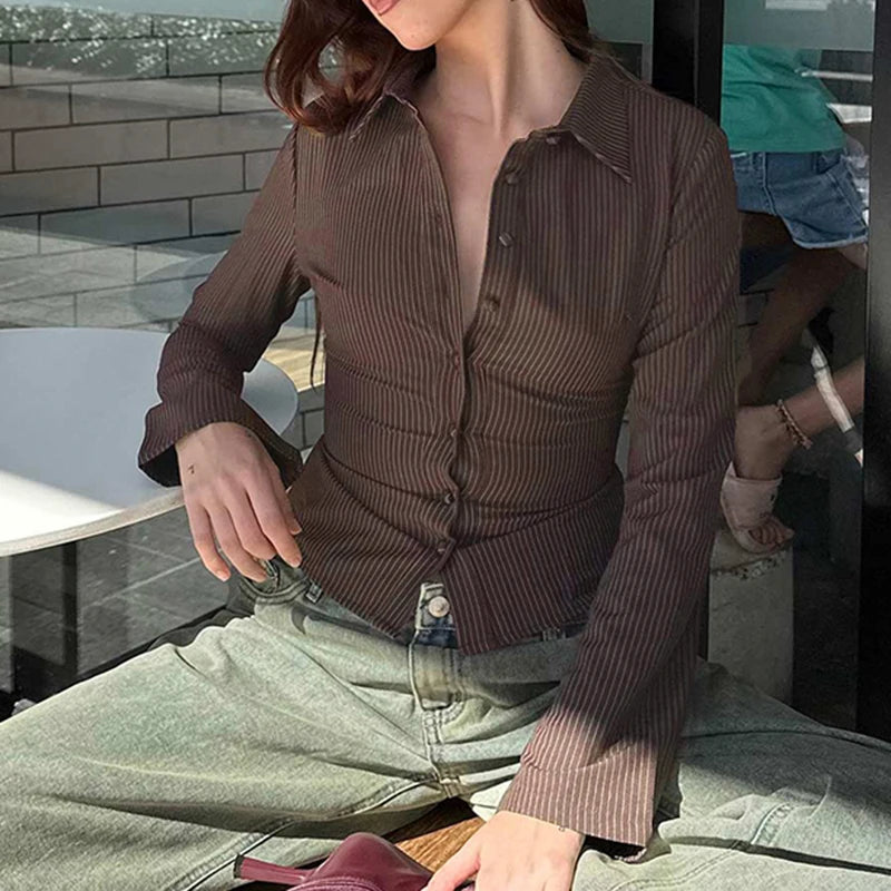 IAMHOTTY Vintage Striped Blouses Brown Button-up Slim-fit Shirts Office Ladies High Street Turn-down Collar Flared Sleeve Tops