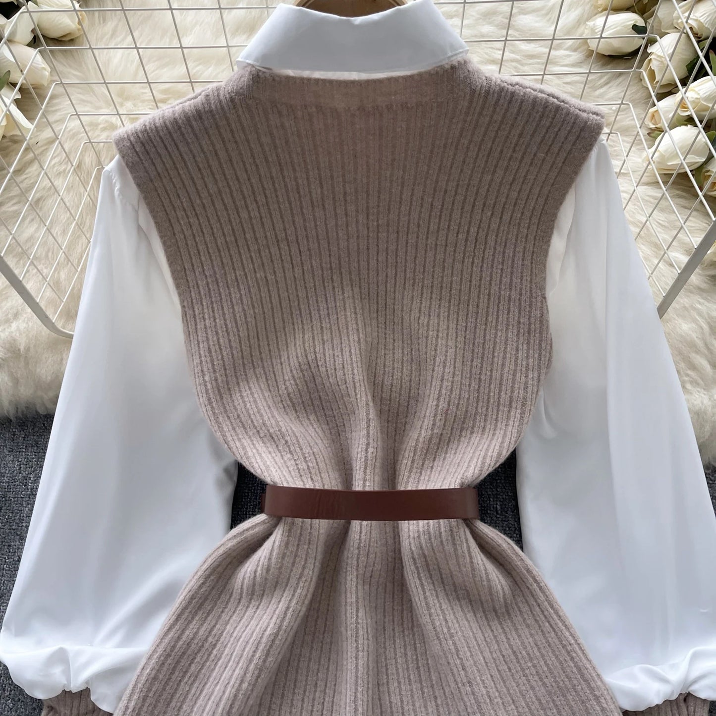 Korean Knitted Vest & Lantern Sleeve Blouse – Elegant Autumn Set