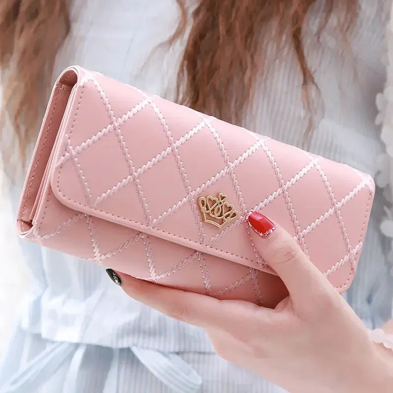 Black Long Wallets for Women PU Leather Diamond Pattern Purse Card Holder Crown Buckle Ladies Phone Bag Fashion Clutch Bag