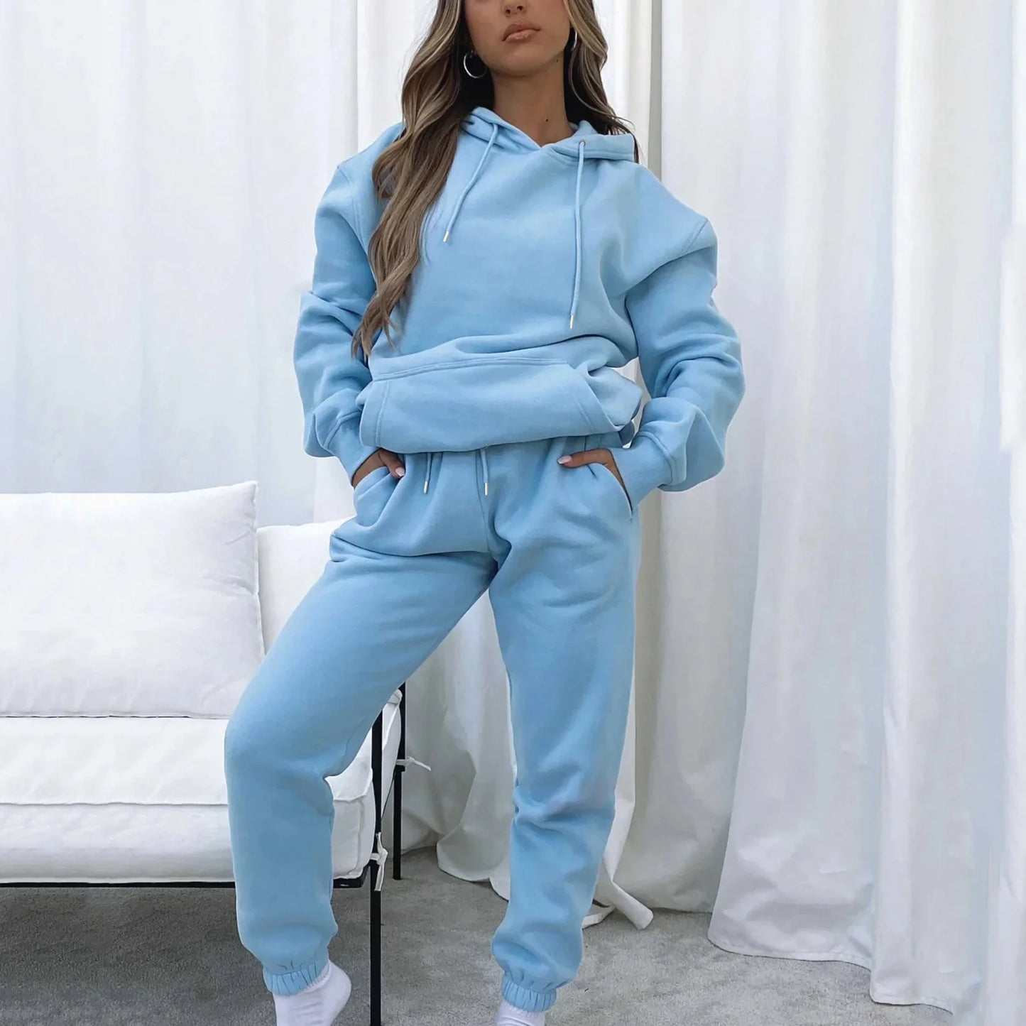 Women Two Piece Sets Tracksuit outfit Hooded Sweatshirts Pocket Drawstring Long Pants Suit Thick Casual Office Lady Autumn