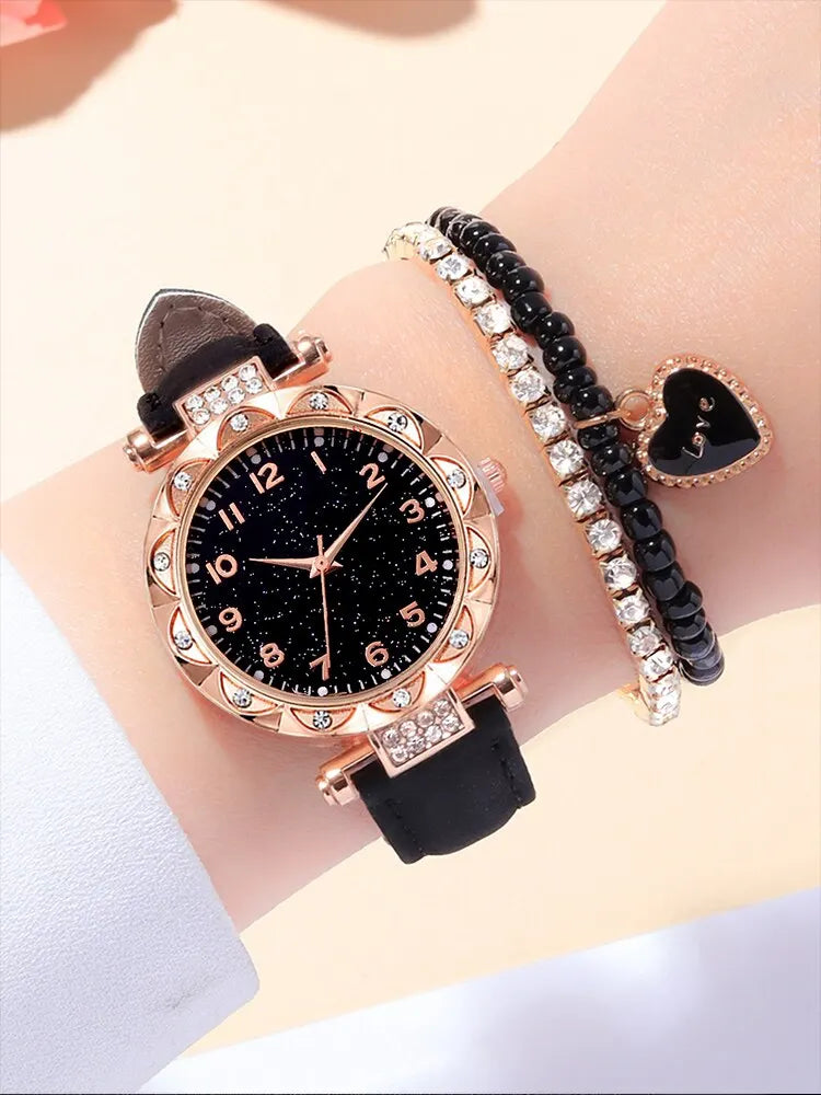 3PCs Fashion Versatile Starry Sky Diamond Embedding Women's Belt Quartz Watch with Diamond Embedding Bracelet Set