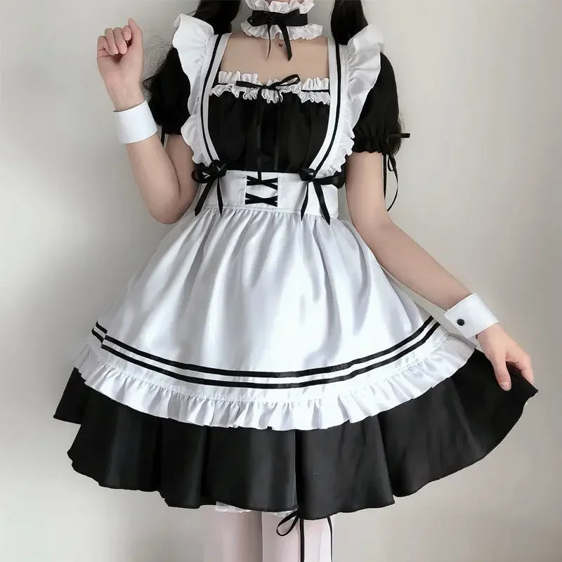 Black Cute Lolita Maid Costumes Girls Women Lovely Maid Cosplay Costume Animation Show Japanese Outfit Dress Clothes CafeMaid4XL