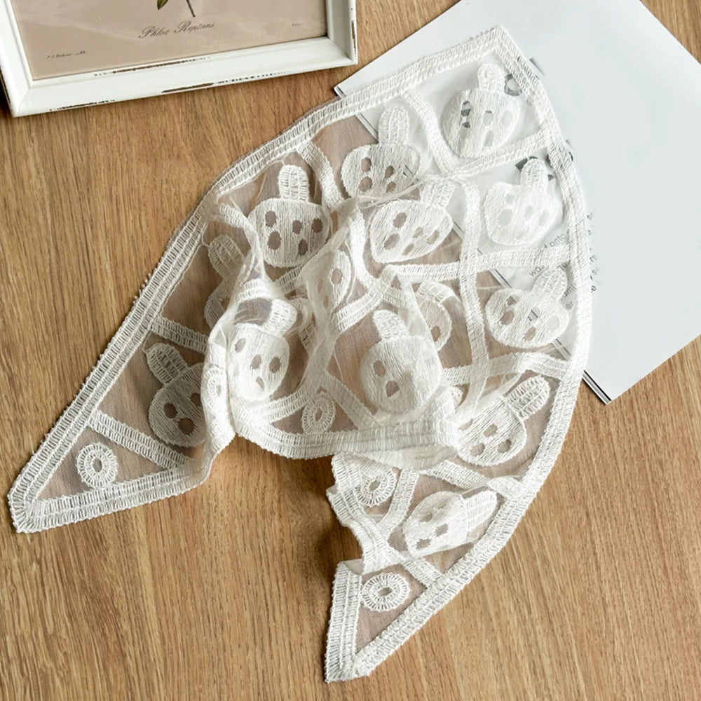 Summer White Woven Floral Lace Hair Scarf Wraps Women Retro Triangle Headscarf Hat Travel Photo Headband Hair Accessories INS