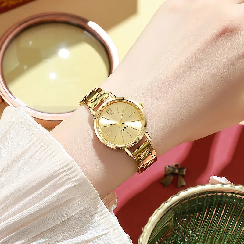 2pcs Set Watch Luxury Women Simple Dial Hollow Strap Fashion Gold Bracelet Quartz Wristwatch Student Ladies Watches Reloj Mujer