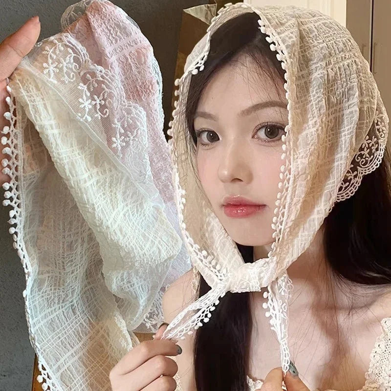 Korean Ins Lace Hair Scarf for Women Retro Triangle Hair Band Strap Hair Bag Headscarf Hat French Pastoral Style Travel Headband