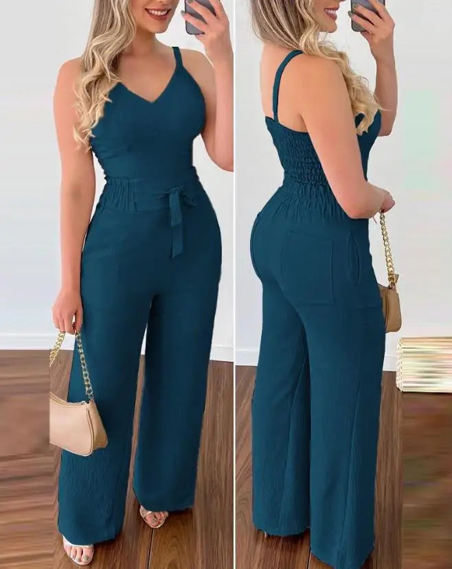 Women's Casual Summer Two-Piece Solid Color V-Neck Elastic Vest Top and High Waisted Pocket Tied Wide Leg Commuting Pants Set