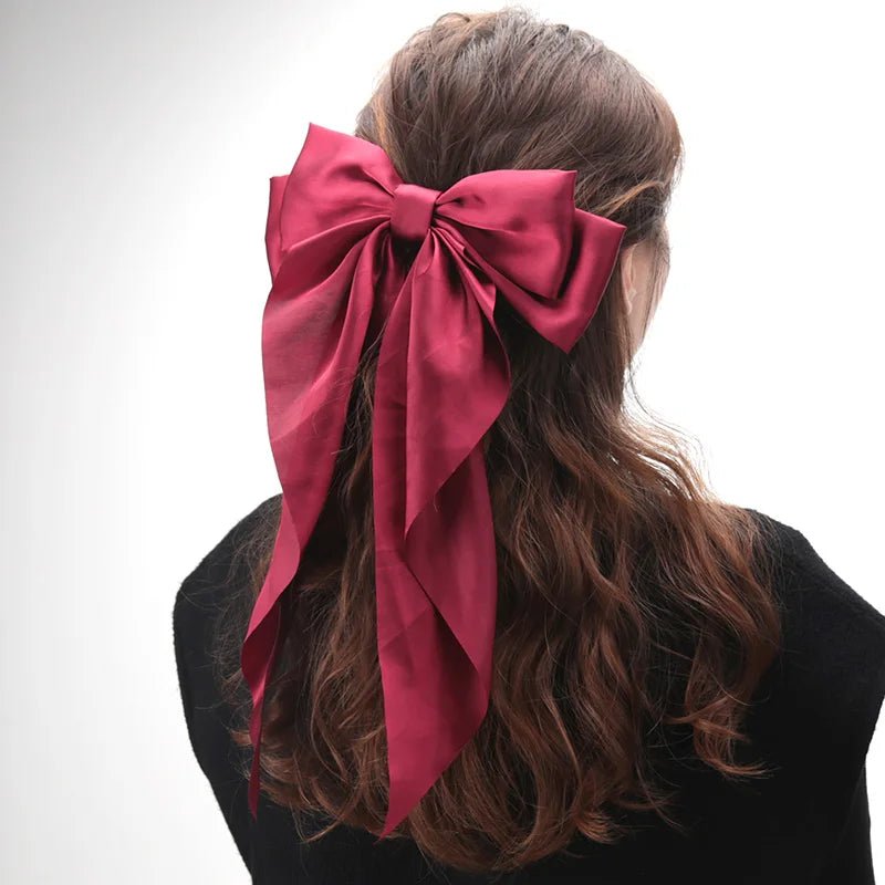 Elegant Bow Ribbon Hair Clip for Women Fashion Solid Satin Black Clip Simple Hairpin Headband with Clips Girls Hair Accessories