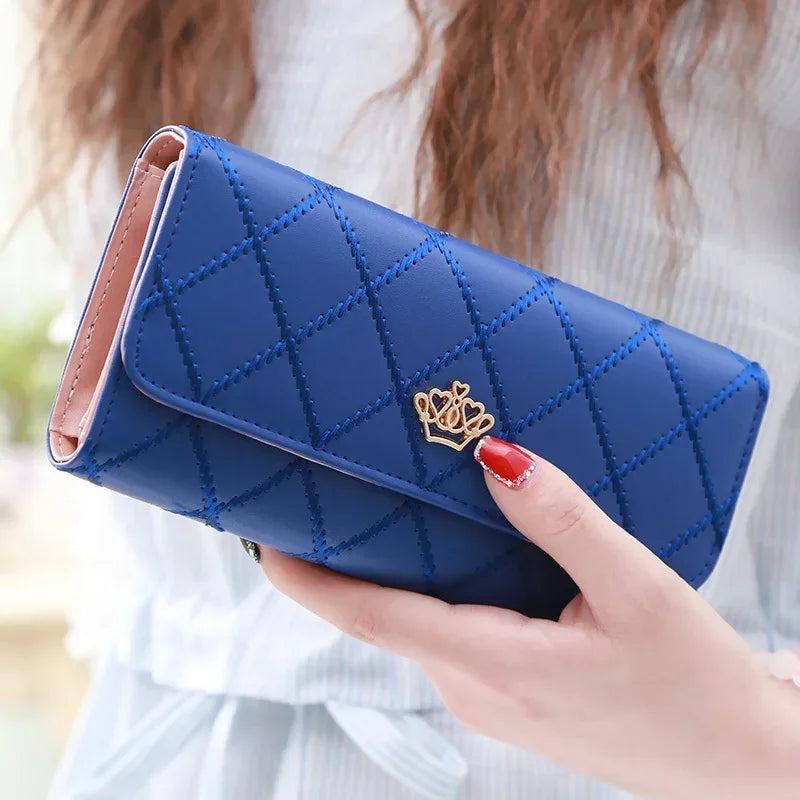 Black Long Wallets for Women PU Leather Diamond Pattern Purse Card Holder Crown Buckle Ladies Phone Bag Fashion Clutch Bag