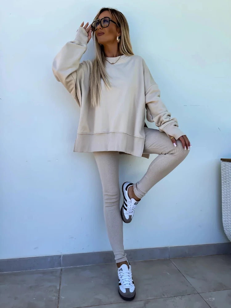 Women Pant Sets Two Pieces Tracksuit Solid Loose Sweatshirts Split Pullover Pencil Pants High Street Autumn Winter 2024