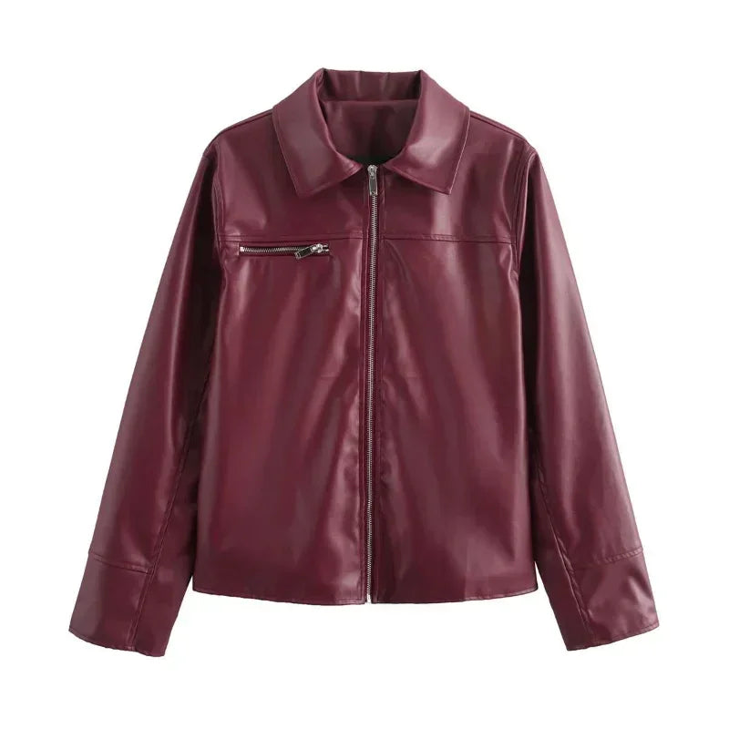 Zekye Spring Summer Women Jackets Fashion Lapel Zipper Long Sleeve Female Coats Lady Street Outwear Burgundy Leather Jacket