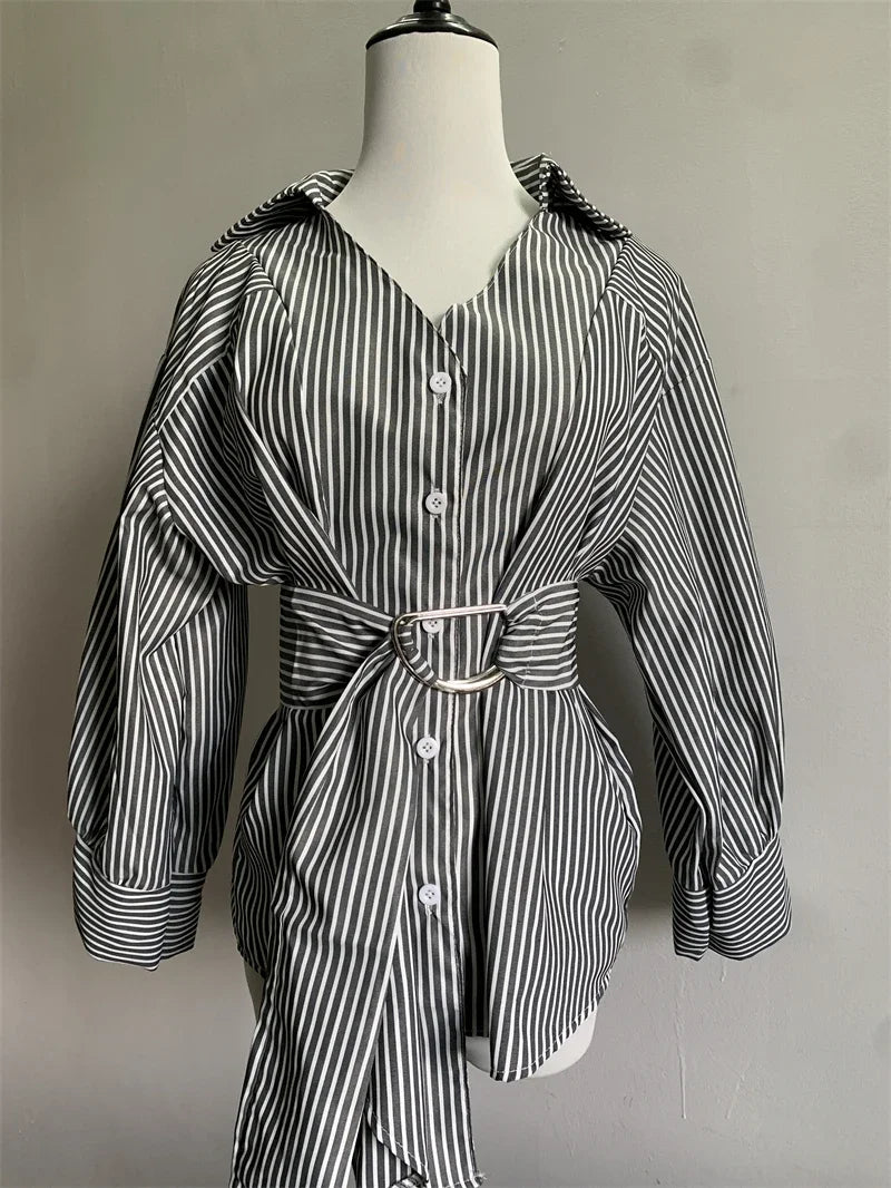 Women's Striped Shirt – Belted, Loose Fit, Long Sleeve Casual Blouse