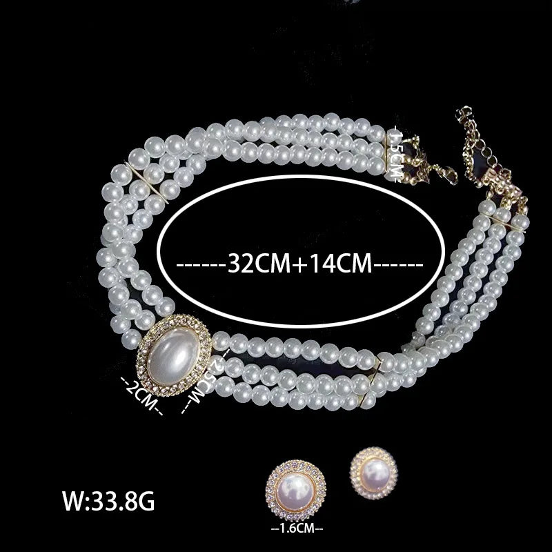 KMVEXO Vintage Palace Multilayer Pearl Choker Necklace Earrings Sets for Women Oval Crystal Rhinestone Wedding Bride Jewelry Set