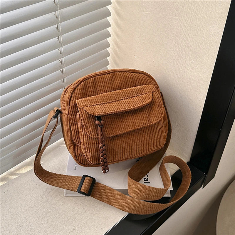 Simple Versatile Crossbody Bag Fashionable Casual Small Square Bag Personalized Commuting Shoulder Bag Corduroy Unisex Trend