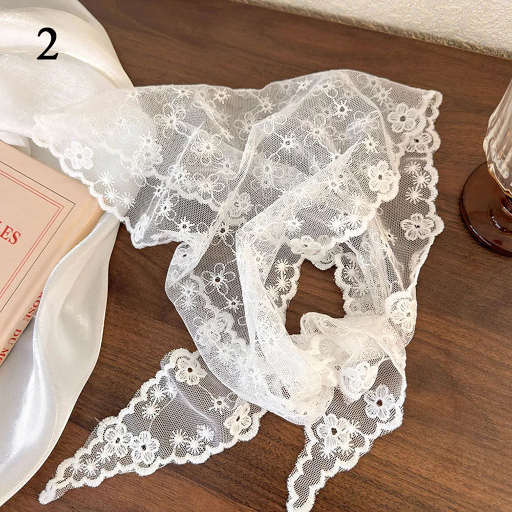 Summer White Woven Floral Lace Hair Scarf Wraps Women Retro Triangle Headscarf Hat Travel Photo Headband Hair Accessories INS