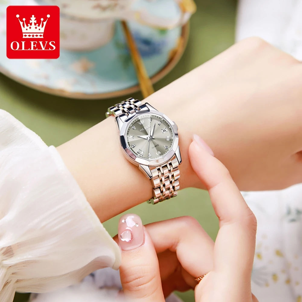 OLEVS Elegant Fashion Women's Watches Luxury Brand Original Quartz Watch for Ladies Waterproof Stainless Steel Luminous Date