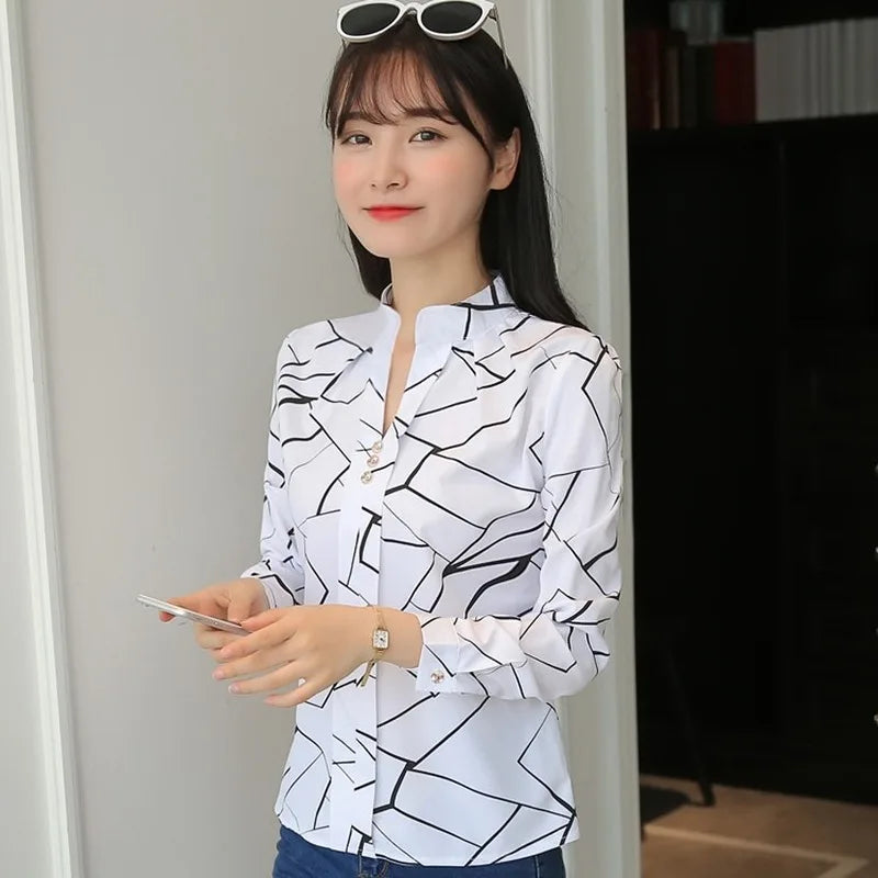 Women White Tops and Blouses Fashion Stripe Print Casual Long Sleeve Office Lady Work Shirts Female Slim Blusas