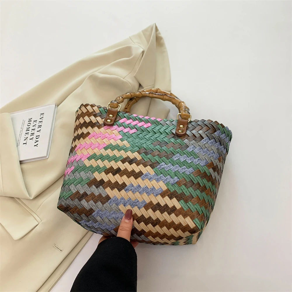 Retro Imitation Rattan Woven Bag Women's Boho Handbag Summer Beach Large Capacity Shoulder Bag 2024 New Fashion женская сумочка