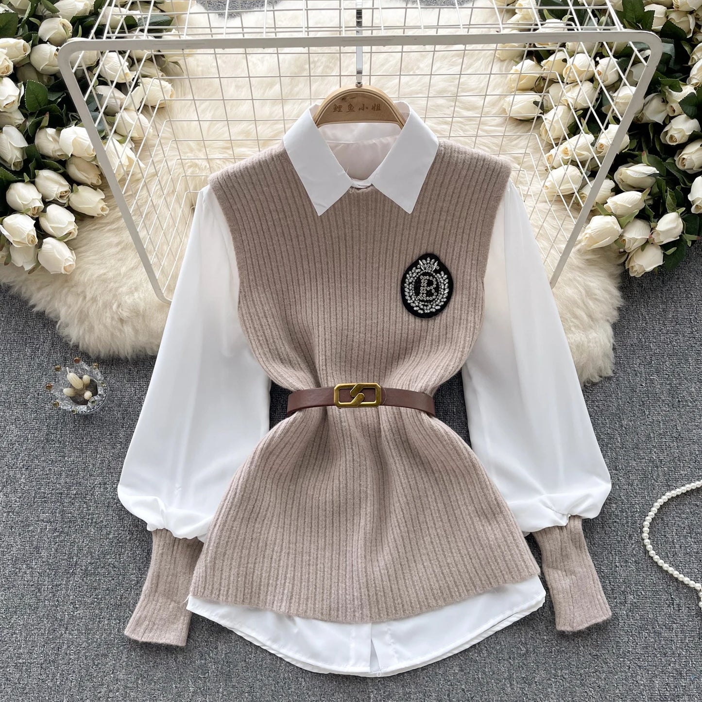 Korean Knitted Vest & Lantern Sleeve Blouse – Elegant Autumn Set