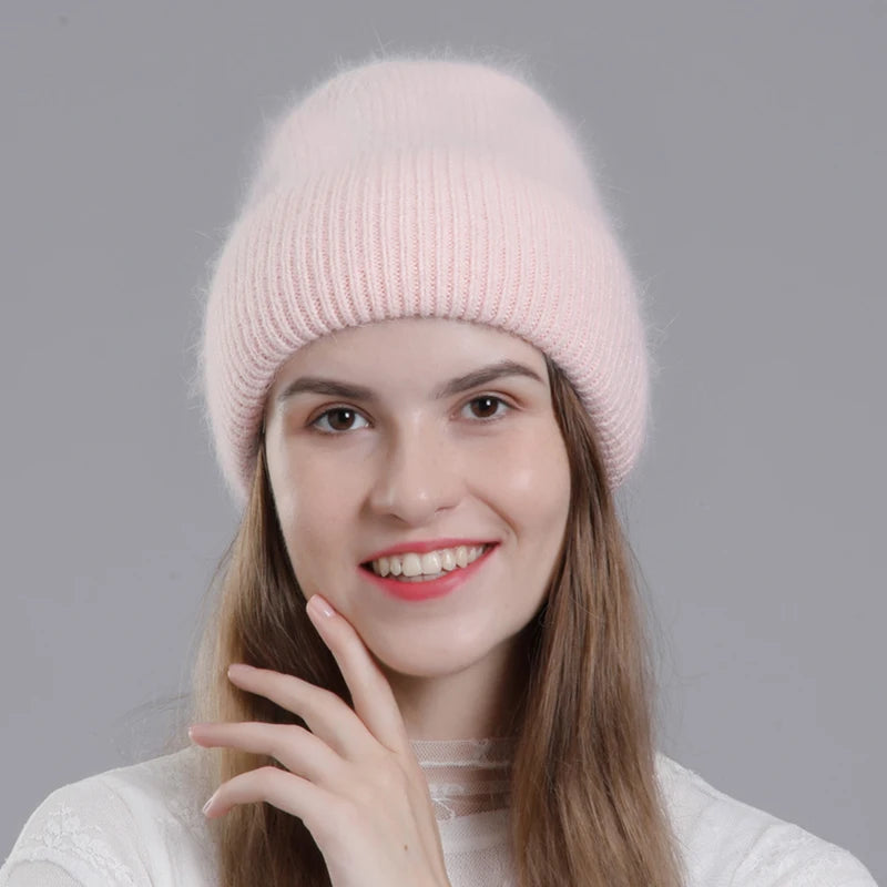 CNTANG Real Rabbit Fur Hat Winter Warm Beanies For Women Fashion Cute With Decorate Rhinestone Cap Female Casual Knitted Hats