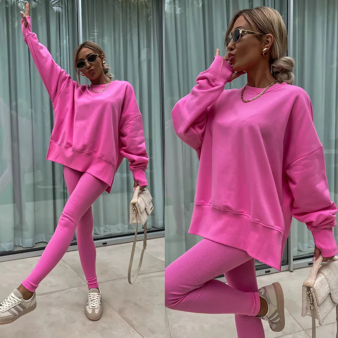 Women Pant Sets Two Pieces Tracksuit Solid Loose Sweatshirts Split Pullover Pencil Pants High Street Autumn Winter 2024